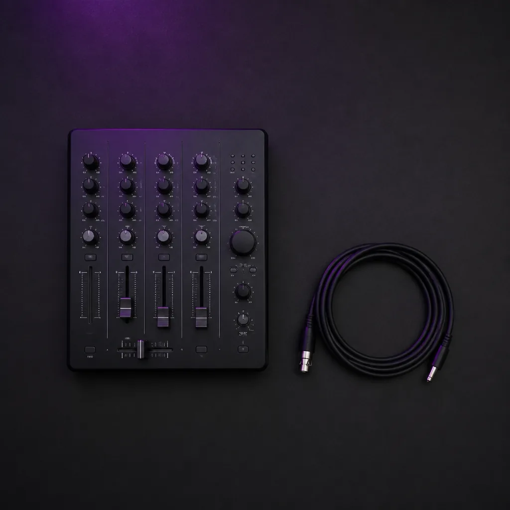 Mixer de audio y cable con luz violeta suave