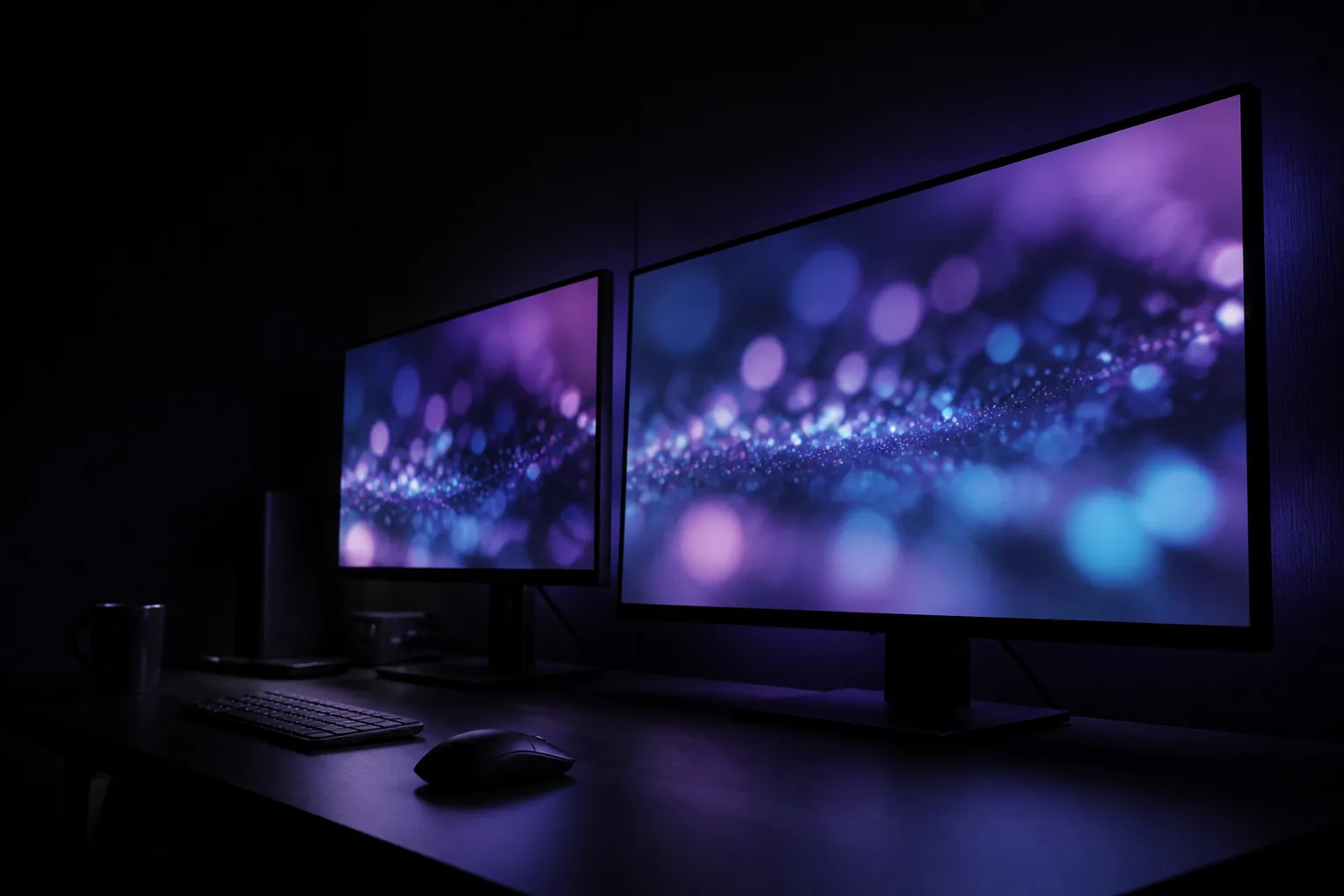 Espacio de trabajo de creador con luz violeta y cian